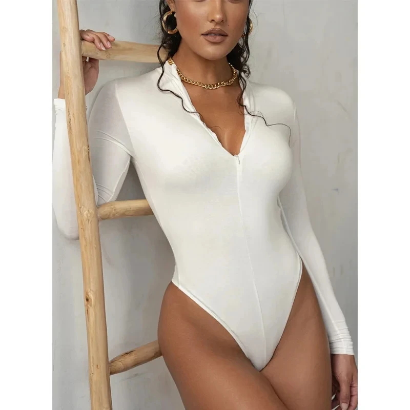 بدلة نسائية بسحاب أحادي اللون ، بذلات جسم مثيرة ، رقبة وهمية ، أكمام طويلة ، الجسم الأساسي ، نحيف ، ملابس رمادية ، سيدة ، خريف ، شتاء