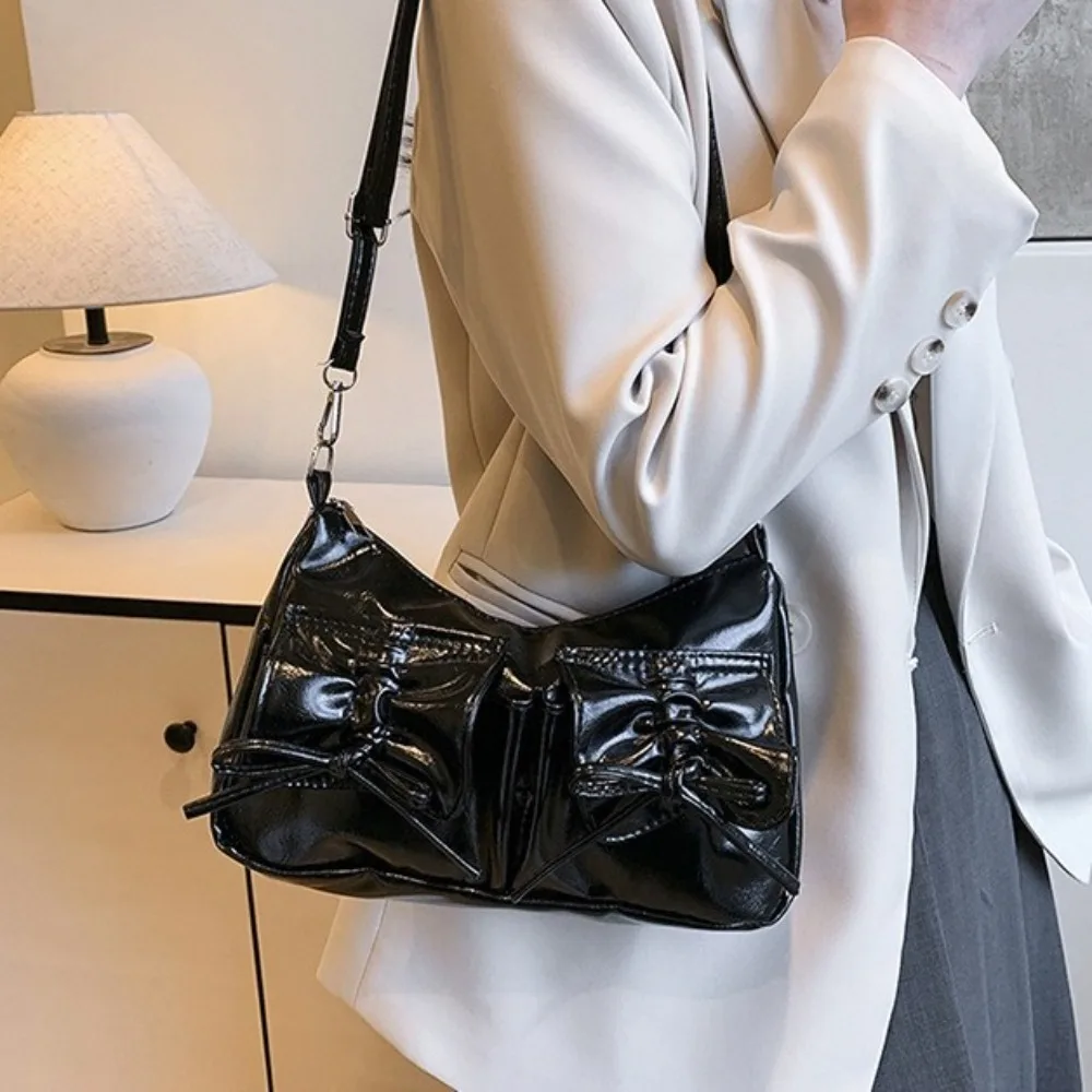 

Korean Style Bowknot Crossbody Bag Pleated Solid Color Y2k Shoulder Bag Drawstring Strap Shopping Bag Pu Dumpling Bag Girls