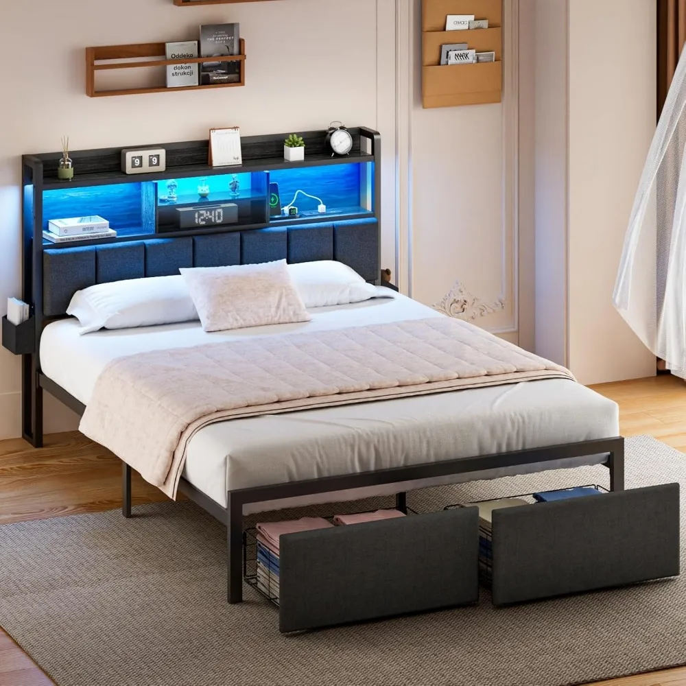 bed.Queen Bed Frame with Storage Drawers, Upholstered Headboard with Storage Shelf, LED Lights and Charging Station, Metal