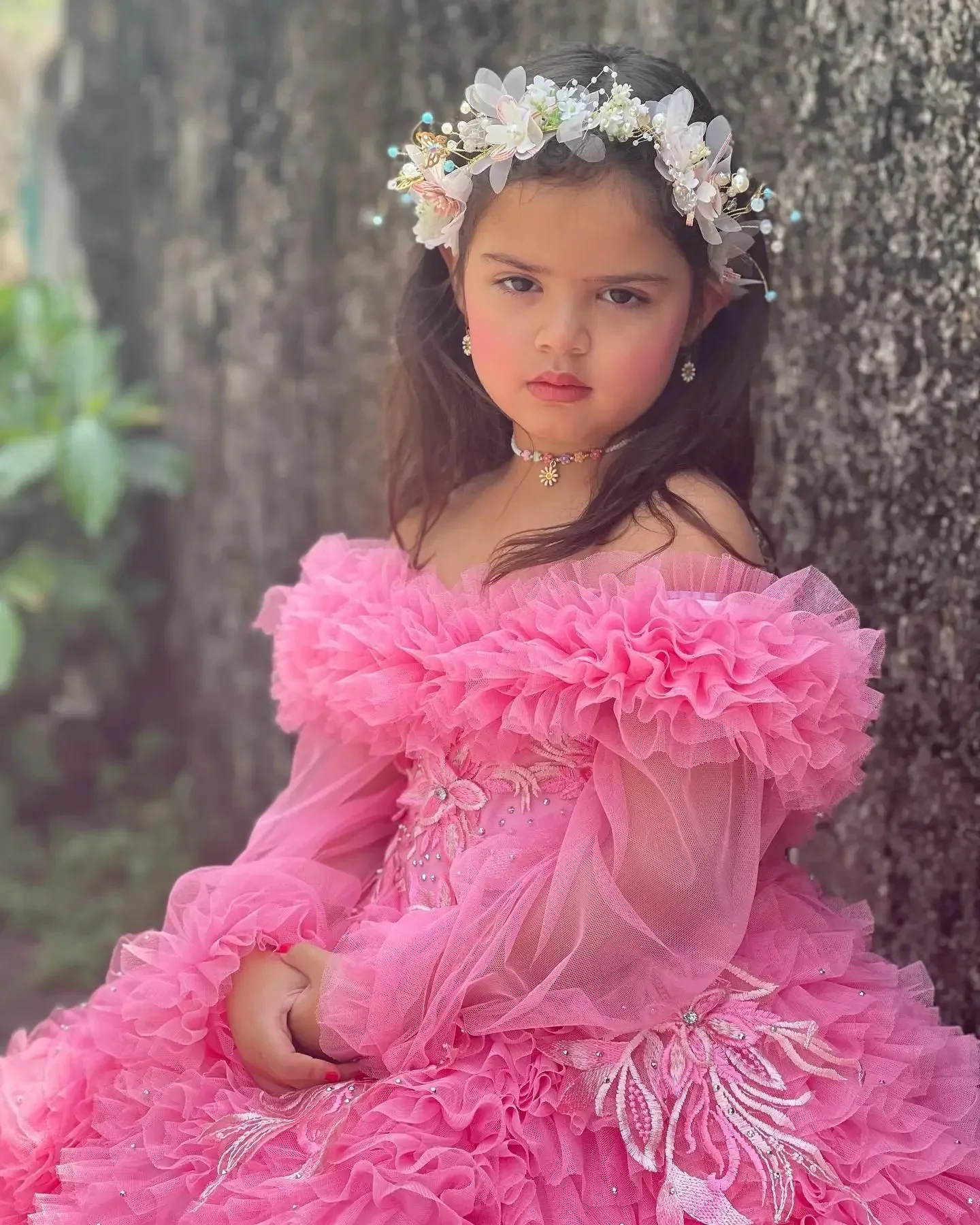 Felroze bloemenmeisjesjurk met ruches tule off-shoulder baljurk trouwjurk eerste kerstfeest luxe avondjurk voor meisjes