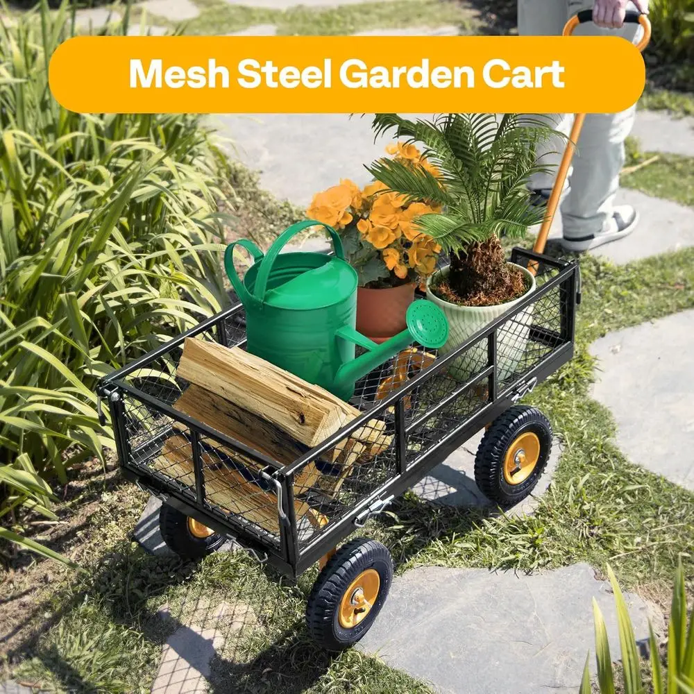 عربة أدوات فولاذية قابلة للطي مع عربة حديقة شبكية بوزن 550 رطلاً، باللون الأسود شديد التحمل