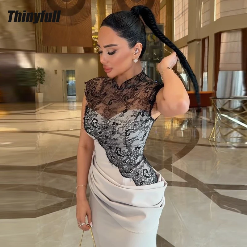 Thinyfull Mermaid Satin/Lace Prom Dresses Sleeveless Arab Long Evening Dress Vestidos De Fiesta Elegantes Gown Customized