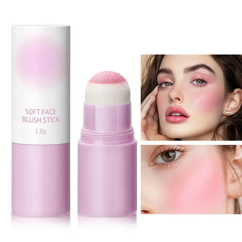 Bâton de fard à joues avec pointe éponge pour femme, baguette de beauté longue tenue, teinte de maquillage pour le visage, look naturel, 1.8g