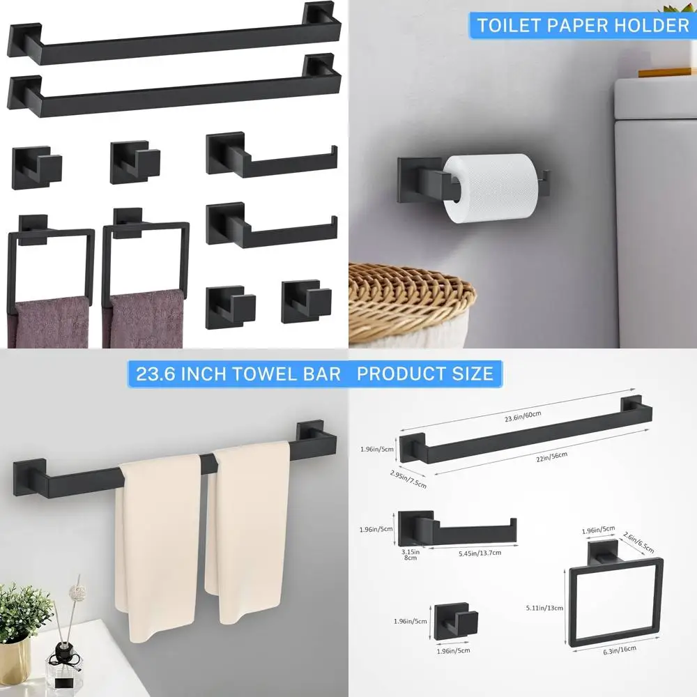 مجموعة حامل مناشف مثبتة على الحائط من الفولاذ المقاوم للصدأ، 10 قطع من ملحقات أجهزة الحمام باللون الأسود غير اللامع للأسلوب الحديث
