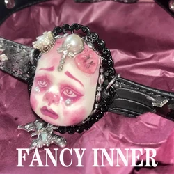 2024 New Punk Y2K Doll Necklace Design Punk Human Face Leather Pink Choker for Women Jewelry Gift Accessories