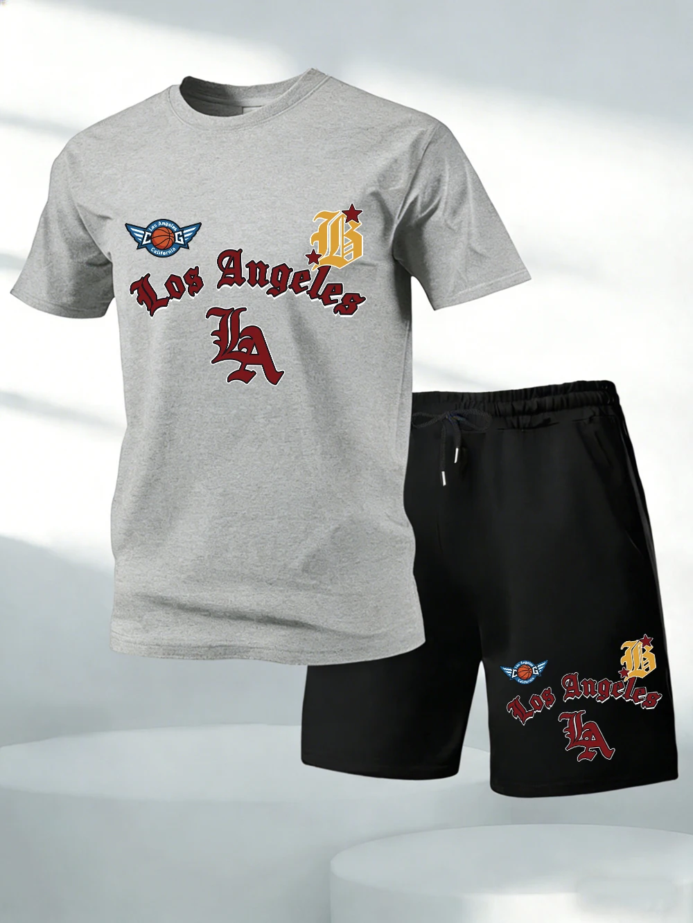 

Two Pieces Set California Letter Creative Print Cotton T-Shirts Pants Mens Soft O-Neck Oversized Tops High Waisted Pocket Shorts
