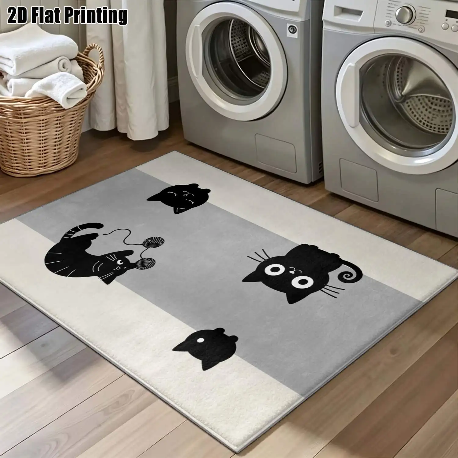 1Pc 2D Printed Cat Pattern Carpet Nordic/Instagram-Style, Modern Minimalist Geometric Striped Floor Mat, Machine Washable, Multi-Size, Home Decor for Entryway, Dining Room, Foyer, Bedroom, Living Room.