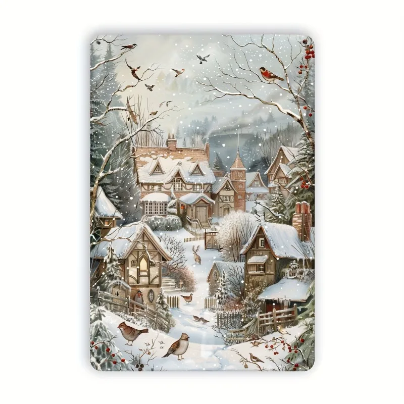 Country Winter Village Scene Tin Painting Home Bar Cafe Garage Library Decorative Iron Wall Art 8x12 Inches