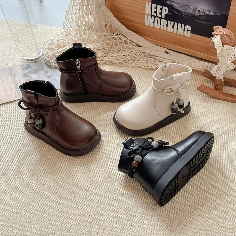 New Girls Vintage Bow Short Boots Spring Autumn Soft-soled Slip-resistant Students Comfortable School Shoes Kids Children Party