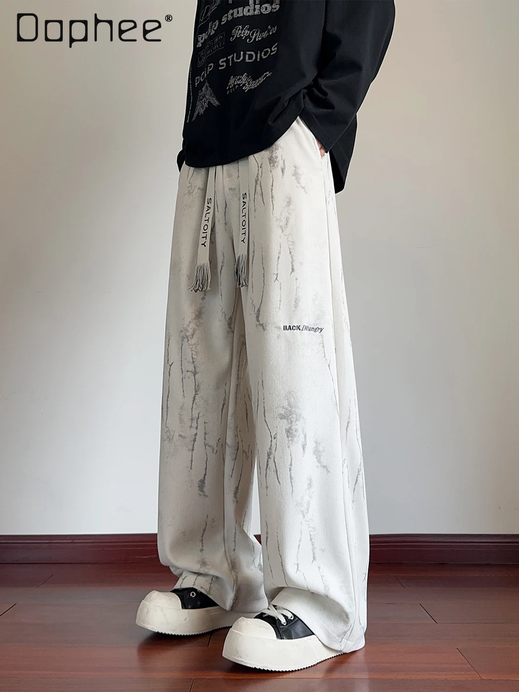 

Весна и осень 2023, новый модный дизайн, мужские черные повседневные брюки с принтом тай-дай, американские свободные прямые белые длинные брюки