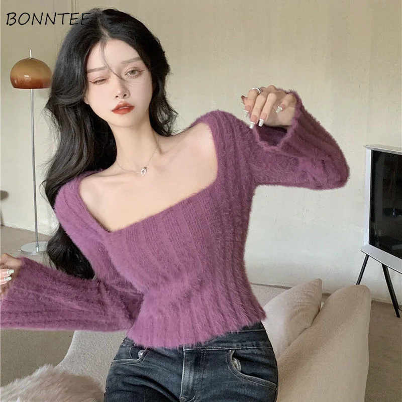 Pullovers Women Sweater Cozy Stretchy Spring Soft Solid Trendy Design Crops Casual Fit Feminine Clothes Mujer Popular Knitwear