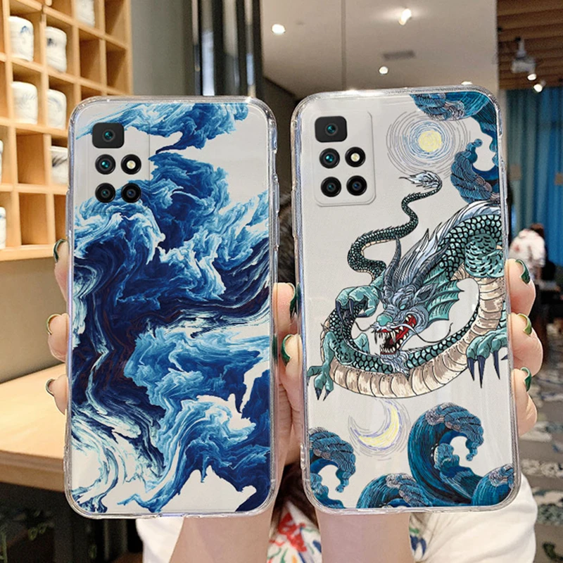 Dragon in Marble Pattern Kanagawa Surfing For Xiaomi Redmi 10 2022 Phone Case Transparent Clear Siling Soft Cover Silicone Back