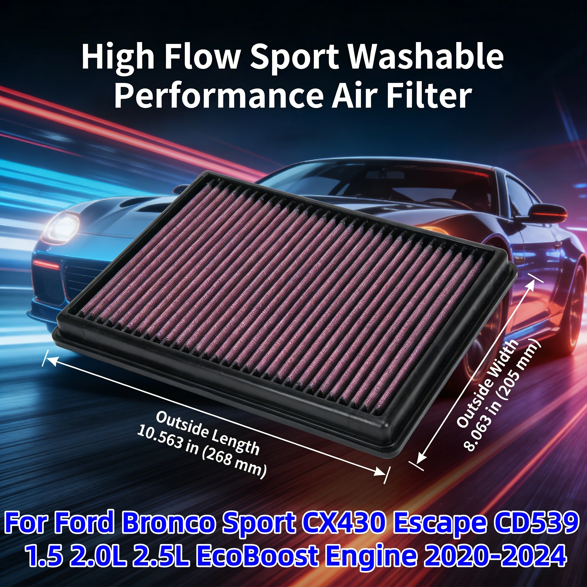 

Для Ford Bronco Sport CX430 Escape CD539 1.5 2.0L 2.5L EcoBoost Engine 2020-2024: Спортивный моющийся воздушный фильтр с высокой пропускной способностью, замена