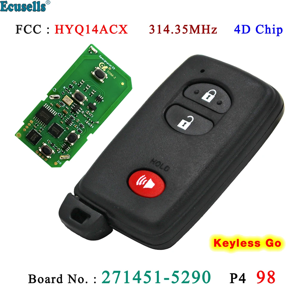 Ecusells 3 Buttons 314.3MHz Keyless Go Smart Remote Key 4D Chip for Toyota 4Runner Venza Prius Board 271451-5290 FCC ID HYQ14ACX