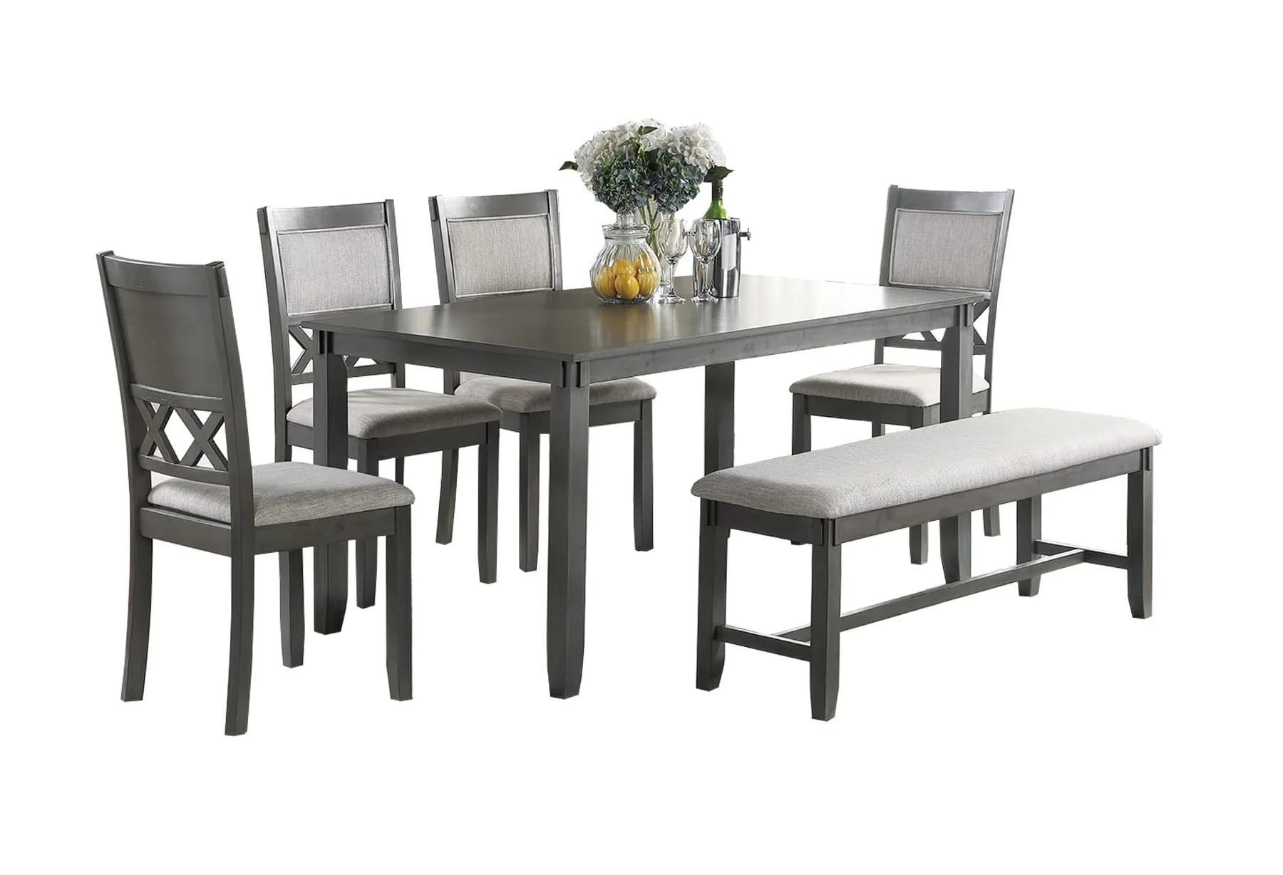 

Gray Color Dining Room Furniture Unique Modern 6pc Set Dining Table 4x Side Chairs and A Bench Solid wood Rubberwood and veneers