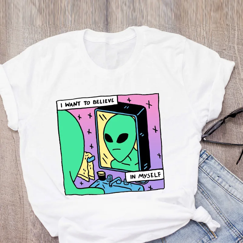 Cartoon Print Y2k Clothes Ladies Funny Streetwear Tees T-shirt da donna Cute White Tops abbigliamento femminile magliette grafiche Alien