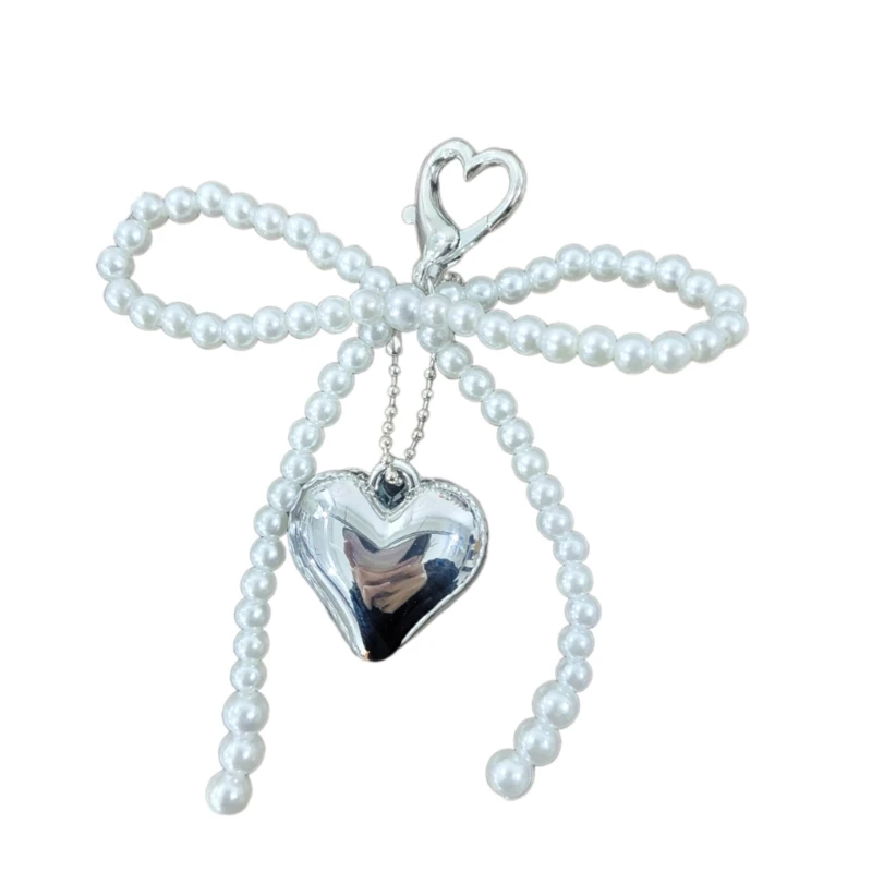 Stylish Heart Pendant Keychain Bow Shaped Imitation Pearl Key Chain Jewelry Handmade Gift for Family