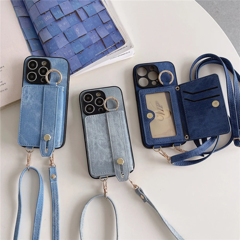 Fashion Card Pocket Wallet phone Case For Apple iPhone 15 pro 14 11 12 13 Pro Max cases denim Leather Anti-fall Wrist band Cover