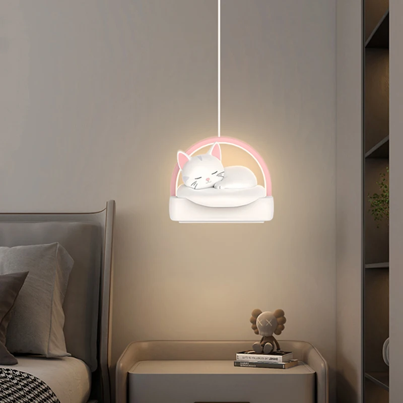 Cartoon Cat Lights Children's Room Bedroom Bedside Pendant Lamp White Pink Baby Nursery School Wall Hanging Light 220V Eye Care