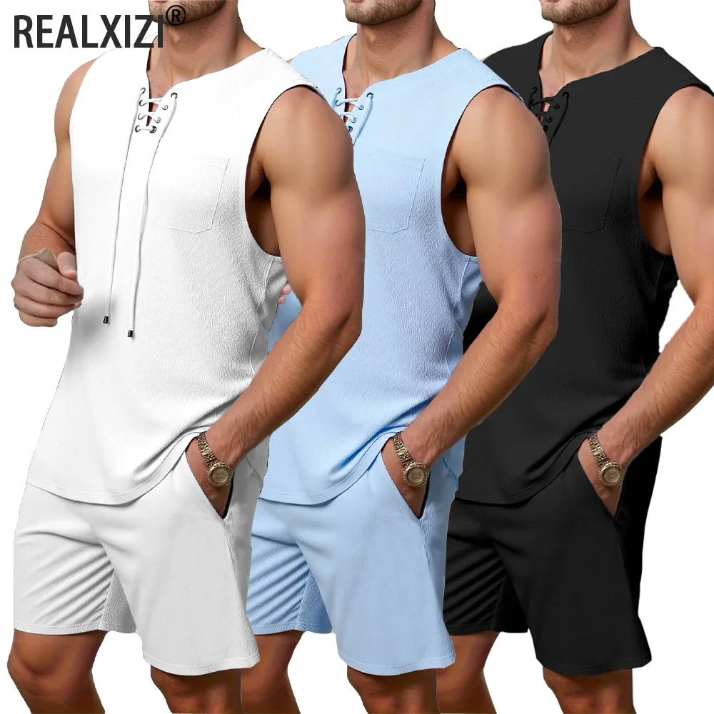 Summer Men's Casual Shirt and Shorts Two-piece Suit Solid Color Leeveless Vest + Shorts Loose Short Sleeve Shorts Beach Suit