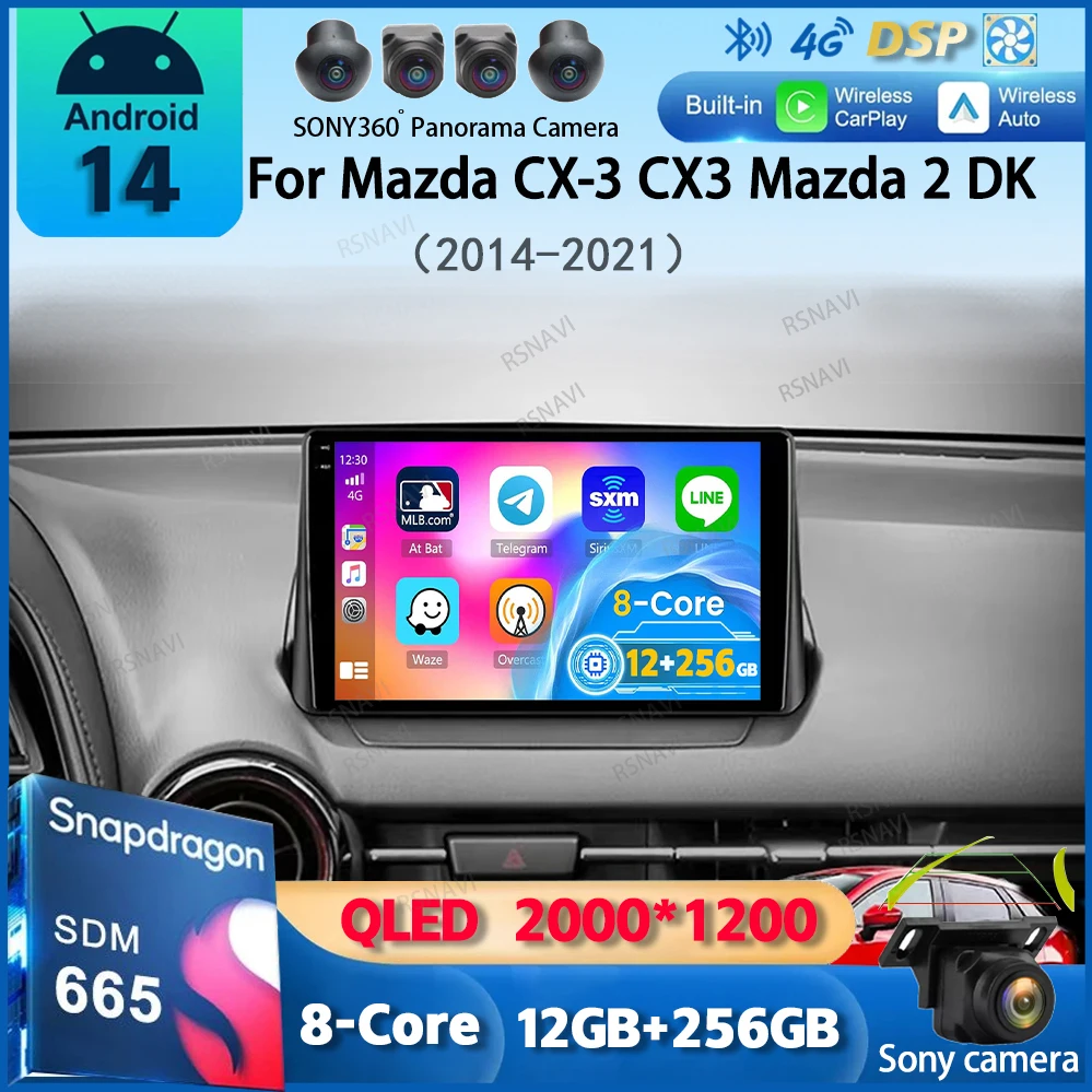 Android 14 Carplay Auto For Mazda CX-3 CX3 Mazda 2 DK 2014 - 2021 Car Radio Multimedia Player GPS Navigation 2din WIFI+4G Stereo