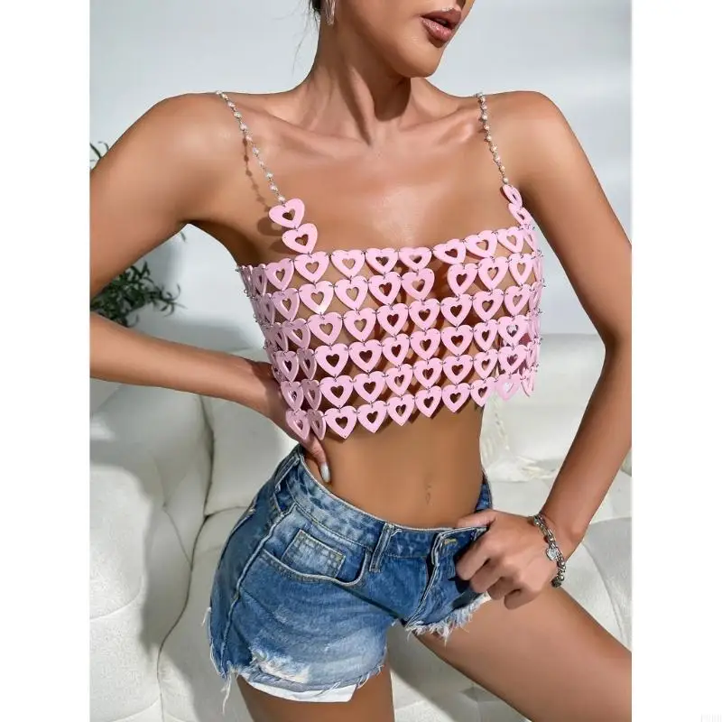 Acrylic Heart Chain Camisole Party Festival Nightclub Jewelry Backless Crop Top P8DB