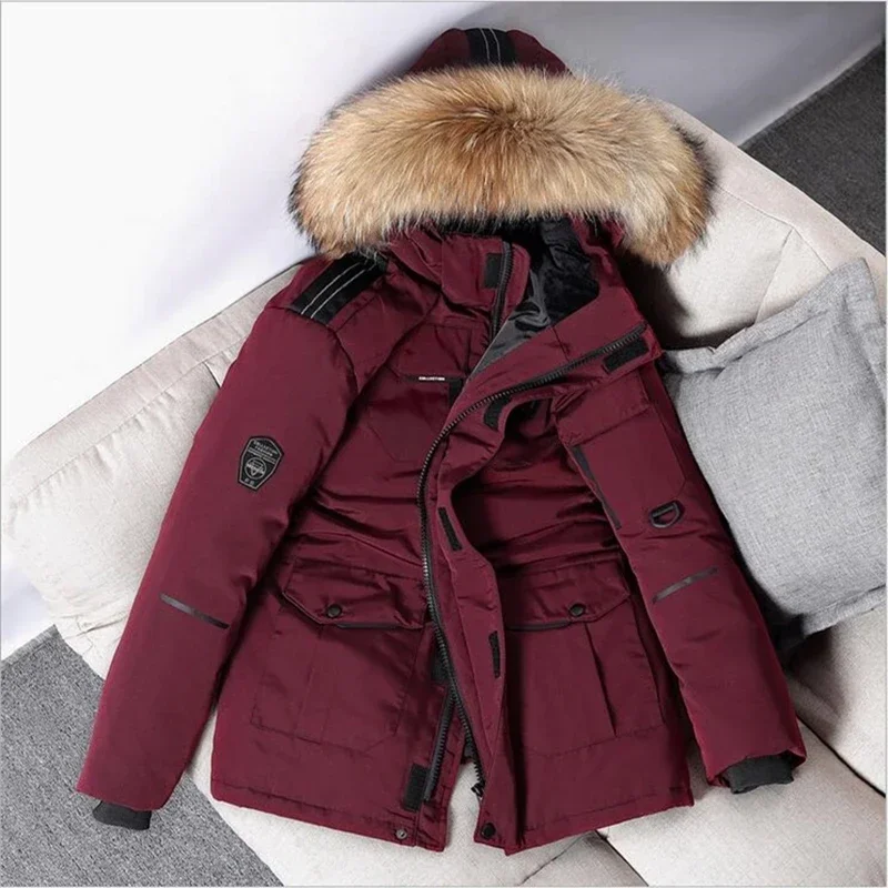 

Winter Warm Couple Down Jacket Fashion Big Fur Collar White Duck Down Parkas Coats Windbreaker Men's Thick Outwear Snow Overcoat