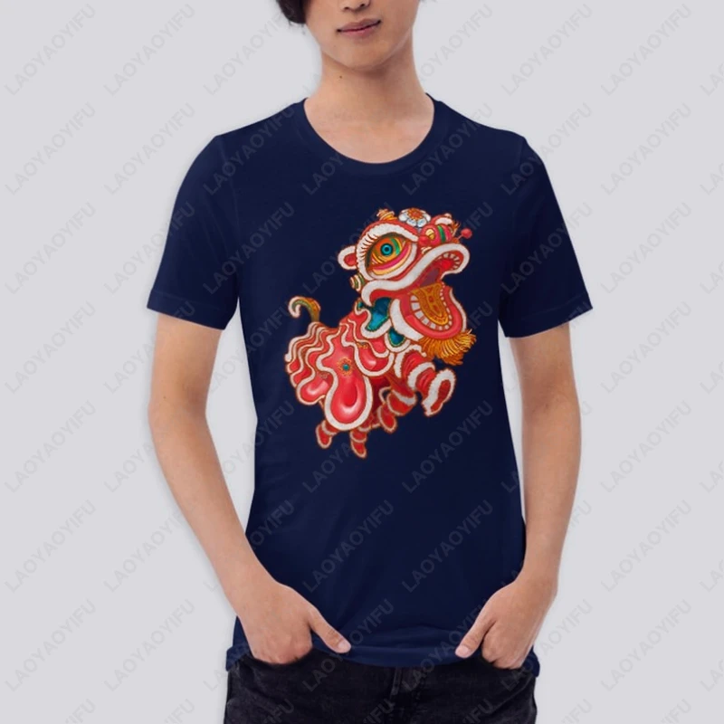 Chinese New Year Lion Dancer Short Sleeve Chinoiserie Zodiac Horoscope TShirt Year of The Dragon Men Women Cotton Popular Tees