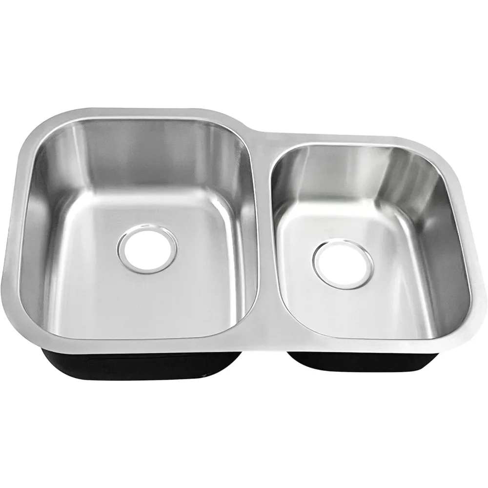 

32 Inch 60/40 Divided Double Bowl Undermount Stainless Steel Kitchen Sink with Curved Edges and Brushed Nickel Finish