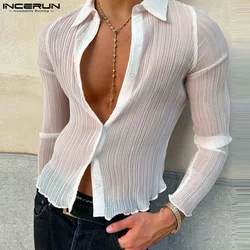 INCERUN Men's Shirt Solid Color Transparent Lapel Long Sleeve Casual Men Clothing Streetwear Fashion Leisure Male Shirts S-5XL