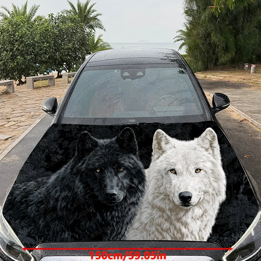 Car Decal Black and White Wolves with Intimate Textural Artistic Fusion Design, Creating a Mysterious and Wilderness-Gothic Visu