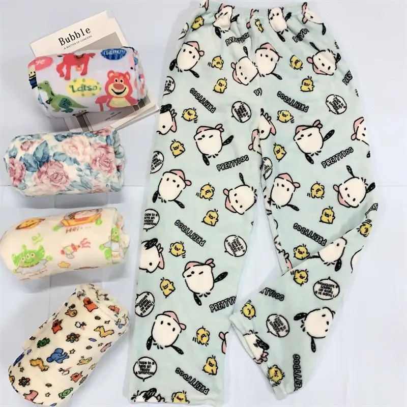 Cute Cartoon Hello Kitty Pochacco Plush Fluffy Casual Pants for Sleeping Home Sleepwear Pants For Women Thick Warm Clothes