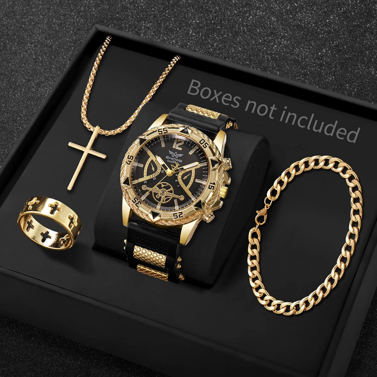 Luxury Sport Men Quartz Watch Jewelry Kit, Hollow Dial Gold Accent Wristwatch Matching Cross Jewelry Present for Boys