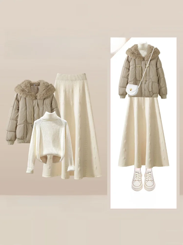 

Korean Sle Winter Knitted Set Women's High Waist Coat with Fur Collar And Midi Skirt Two-Piece Suite Soft Lazy Faion
