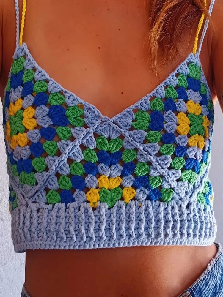 Gypsylady Boho Crochet Cropped Camis bez rękawów ręcznie robione na drutach wakacje lato Camis układ kwadratowy Chic Vintage Sexy kobiety topy