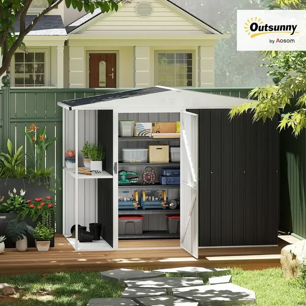 Gray 8x4ft Outdoor Storage Shed with Lock, 2-Tier Rack, Air Vents, Ideal for Garden Tools