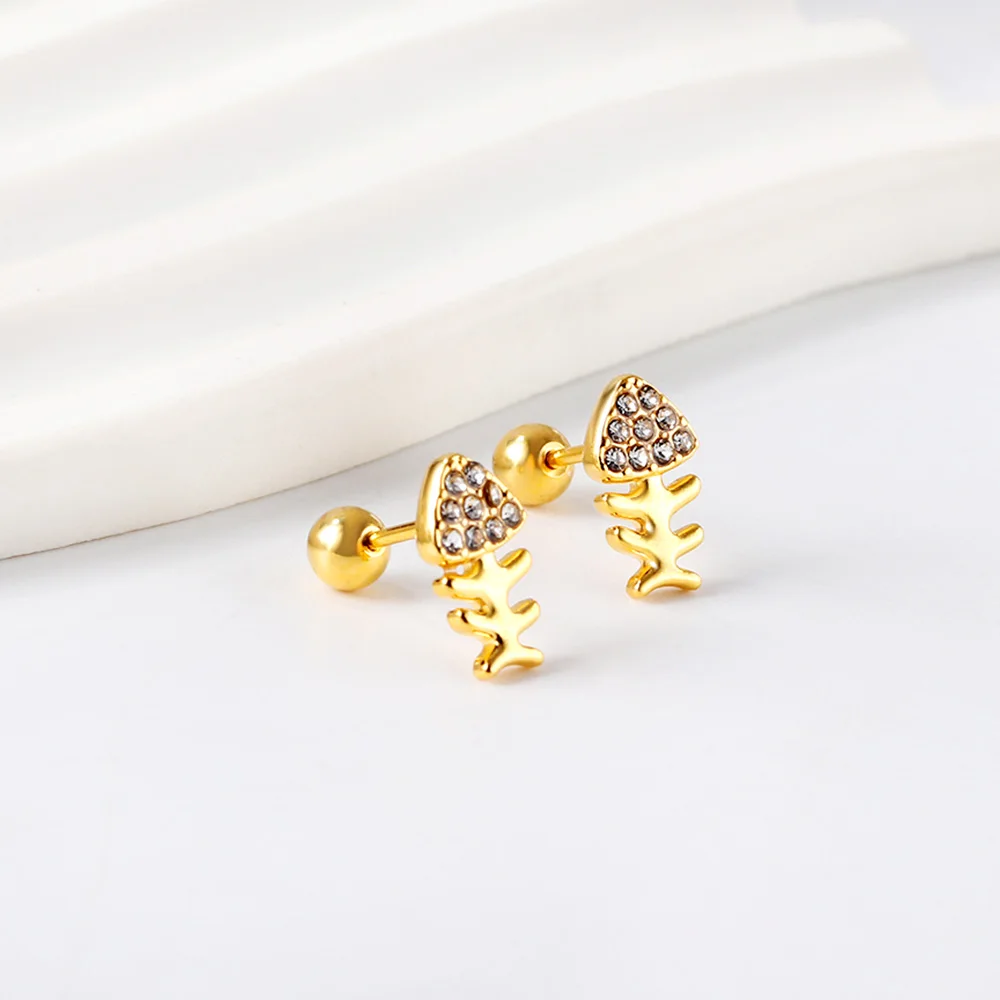New Earrings Suitable for Women and Girls Accessories Gifts Cubic Zirconia Steel Balls Screw Plugs Fish Bones Jewelry