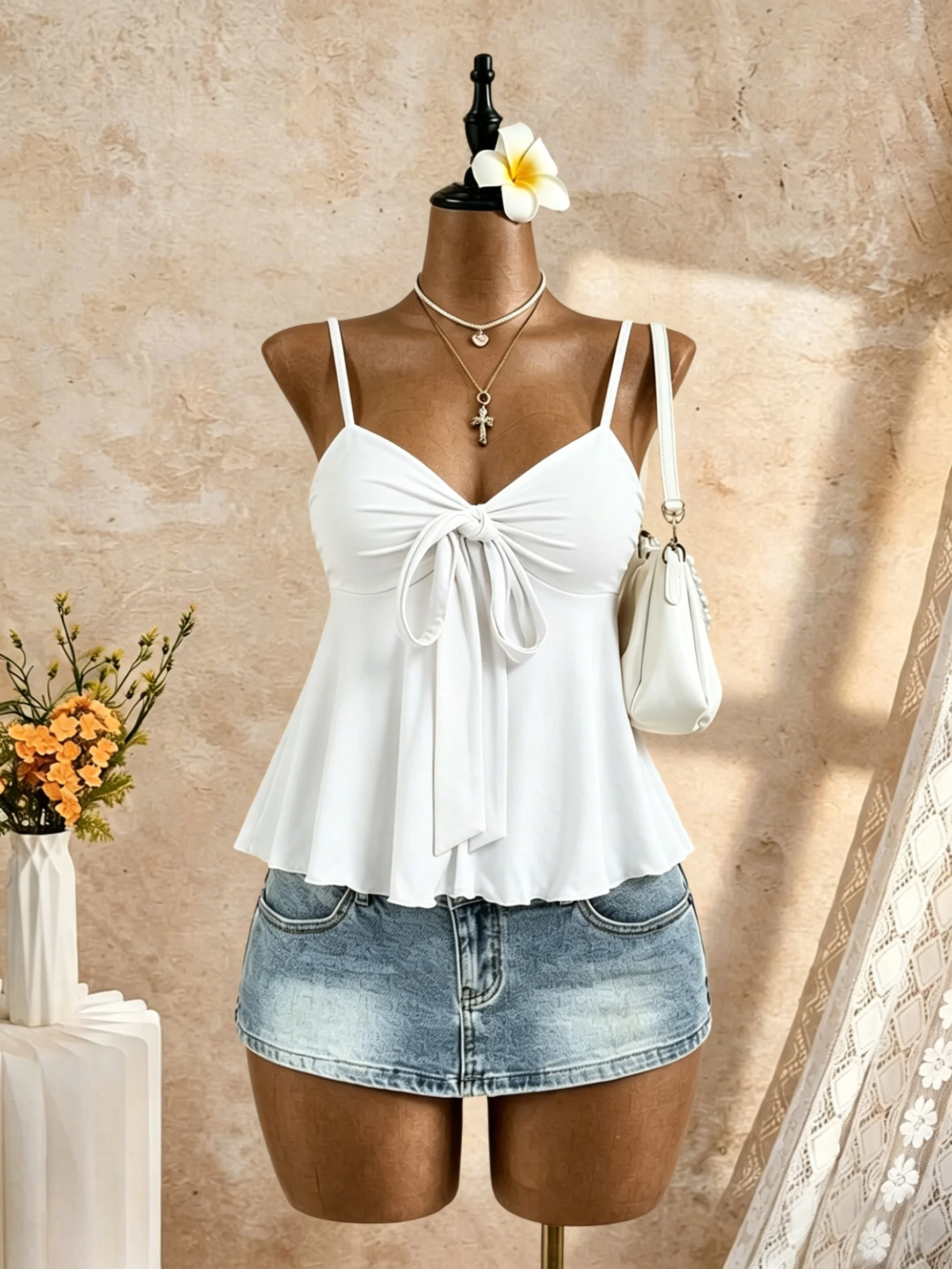 Damen Sommer Y2K Strandurlaub Ärmelloses Tanktop mit dünnen Trägern, V-Ausschnitt, großem Knoten vorne und Rüschensaum, Peplum-Camisole 2026