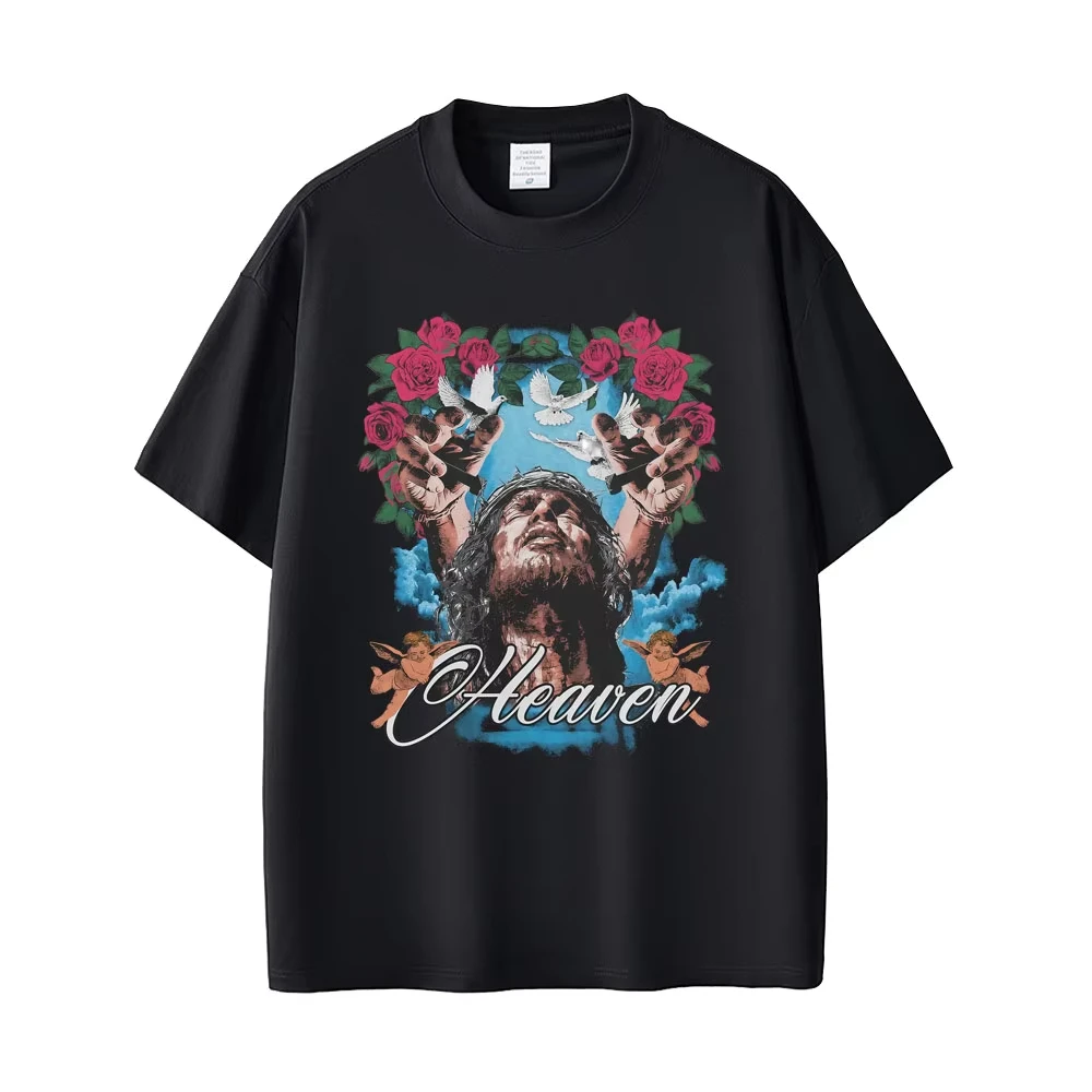 الدين المسيحي يسوع نمط تي شيرت الرجال والنساء عادية القطن تي شيرت ريترو الرجال روك تي شيرت 90s ملابس الشارع