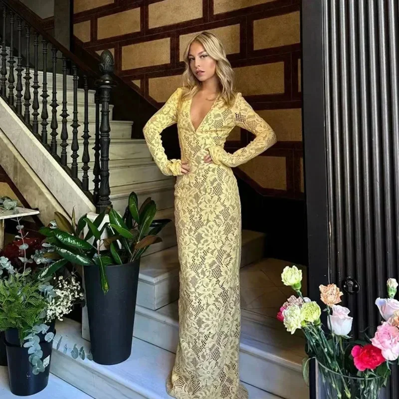 Sexy Lace Deep V Neck Slim Long Dress Women Yellow Elegant Long Sleeve Skinny Mermaid Dress 2024 Autumn Lady Party Evening Robes