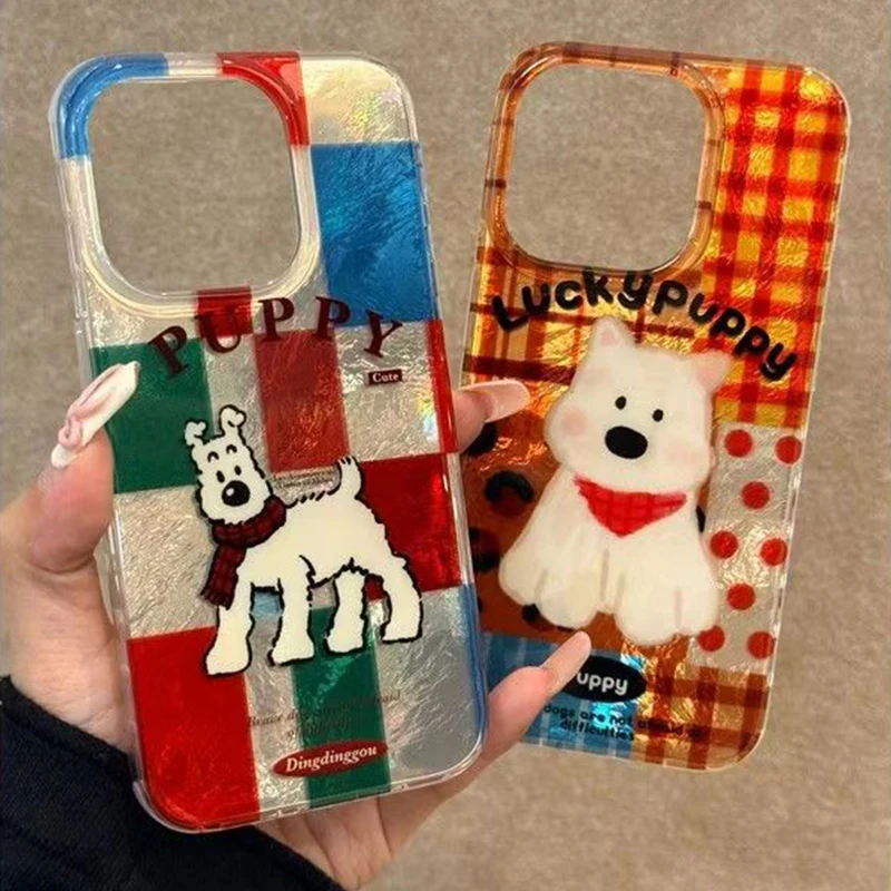 

Splicing Grid Dog Print Graphic Phone Case For iPhone 16 Pro Max 14 13 12 11 XS 15 X XR 7 8 Plus 16E Shockproof TPU Bumper Cover
