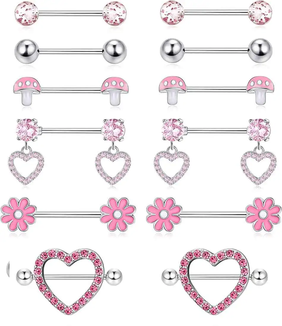 

Mix Style Blue Purple 14G Nipple Rings for Women 316L Stainless Steel Heart Butterfly Moon CZ Flower Barbell Nipple Rings Set