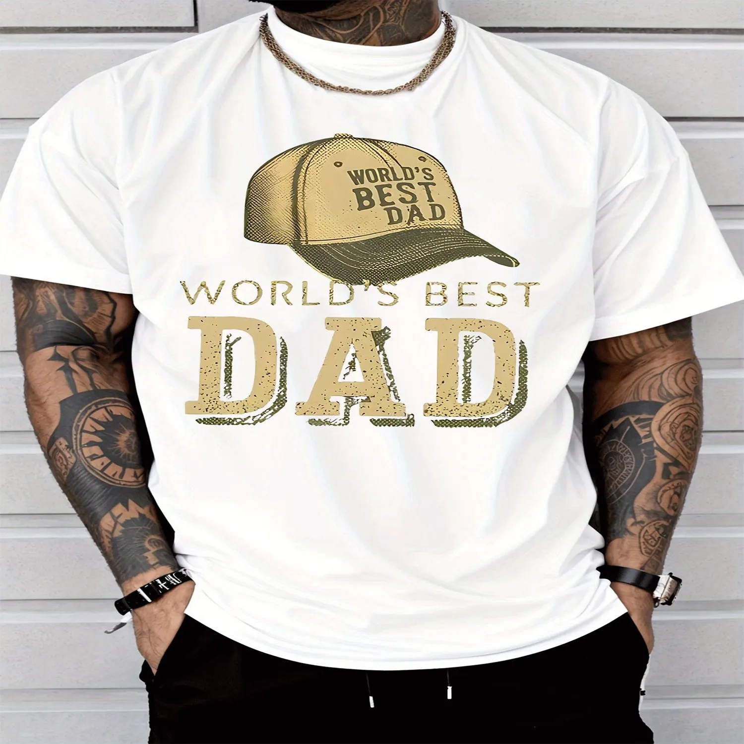 Men'S Crew Neck T-Shirt Casual Trend World'S Best Dad Cap Print Suitable for Adult Men'S Daily Wear Father'S Day Gift Men'S Fashion Cotton Tee, Gift For Him