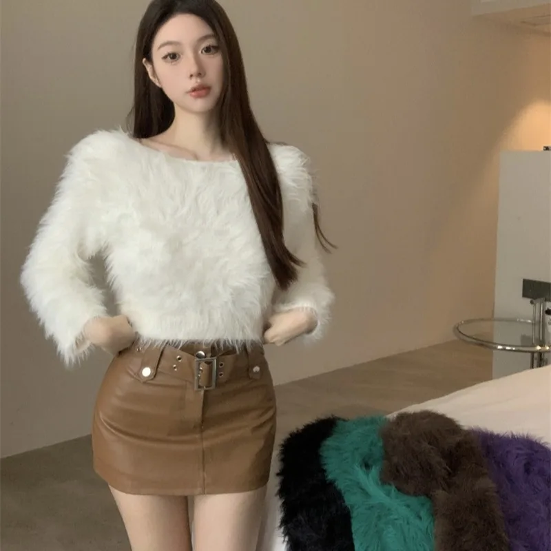 

Осень-зима, мягкий или однотонный меховой свитер с имитацией меха, женский свободный крой, длинный вязаный топ све, простой дизайн