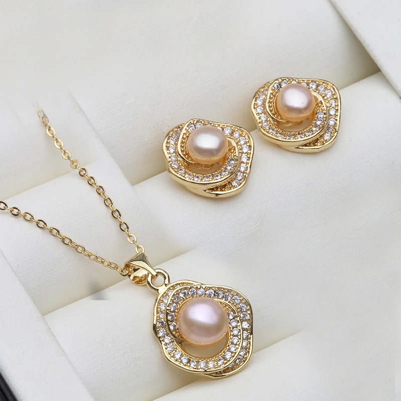 Real Natural Pearl Necklace and Earrings Set Woman,Gold Plated Freshwater Pearl Set Anniversary Wife Mother White Black