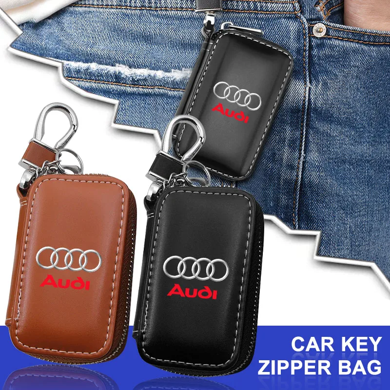 

Leather Car Key Wallet Zipper Keys Organizer Fashion Men Keychain Case Accessories for Audi A3 Q5 B9 B7 C6 A4 B8 8P 8V B6 A5 A6
