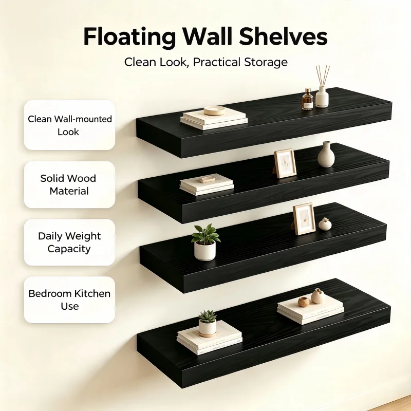 4-Pack Rustic Solid Wood Floating Shelves - Wall Mounted Display Storage Racks for Bathroom, Living Room and Kitchen Decor