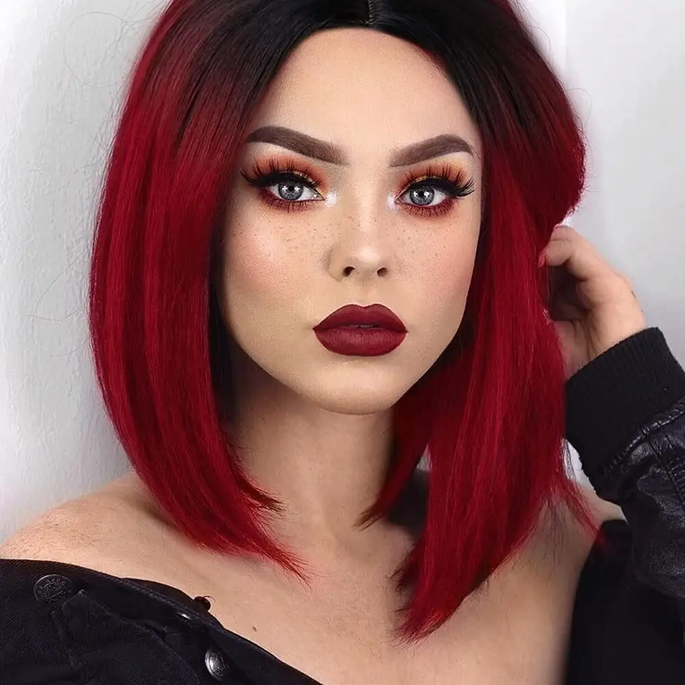 Ombre 99J Red Short Bob Wigs with Dark Roots Ombre Wig Cosplay Costume Wigs USA