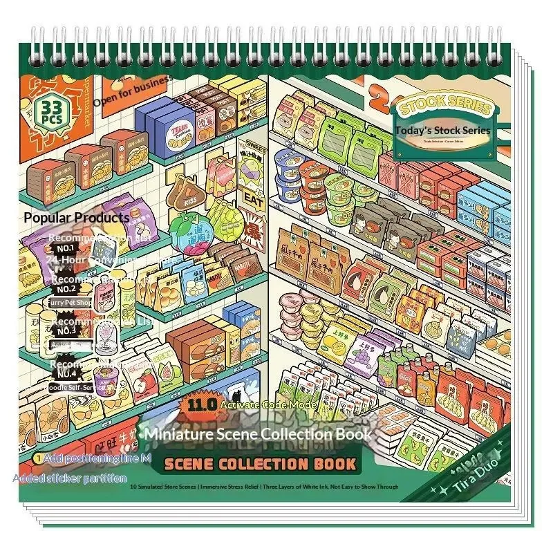 11.0 Miniatur-Szenen-Sammlung Stickerbuch DIY Supermarkt-Scrapbooking-Journaling-Set + Pinzette in zufälliger Farbe