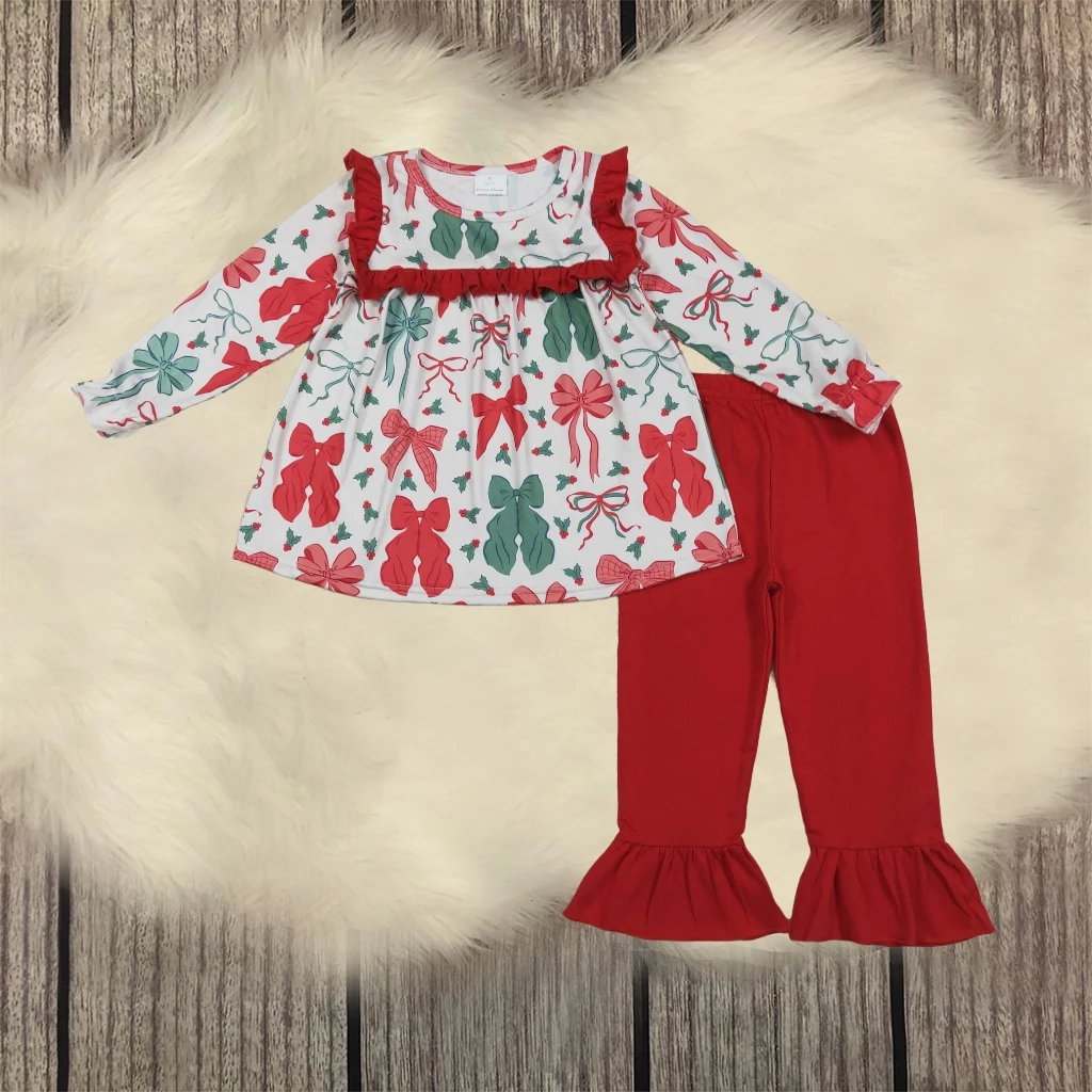 

Fall Kids Christmas Outfit Set Baby Girl Cute Cozy Toddler Clothes with Red Green Bows Long Sleeve Ruffle Tunic and Cotton Pants